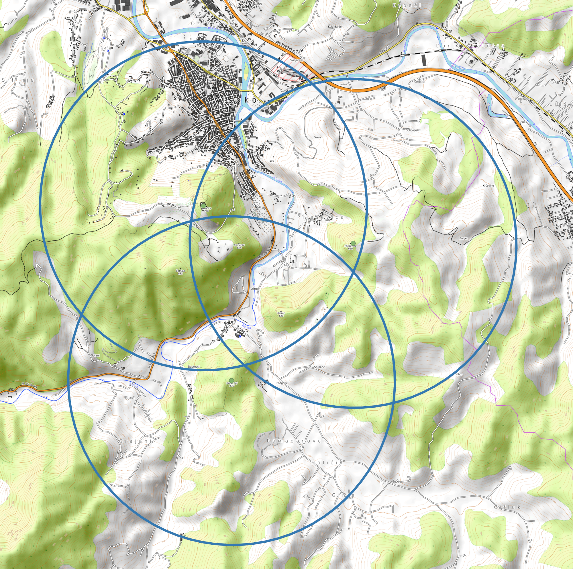 Karte der Gegend um Visoko mit 2170-Meter-Kreis um die fraglichen Bergspitzen